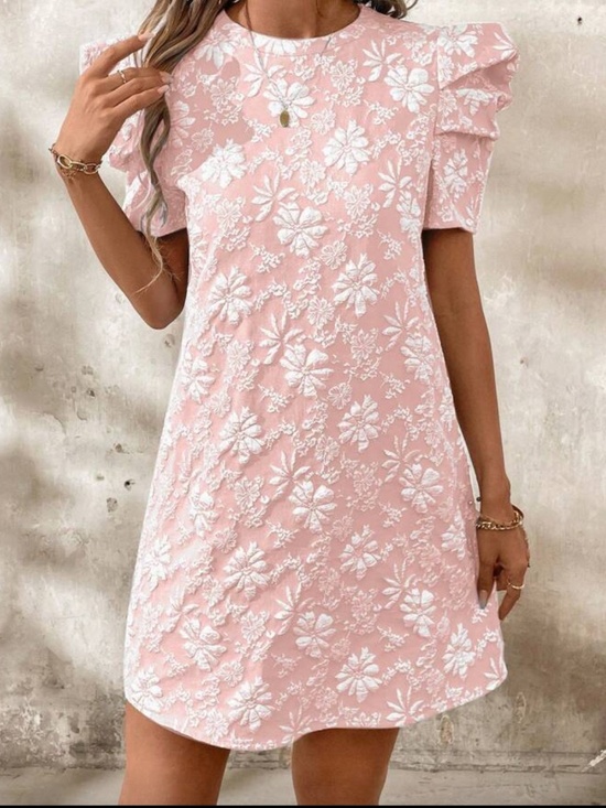 Dresses & Skirts - Women's Floral Jacquard Mini Dress with Ruffle/Puff Sleeves